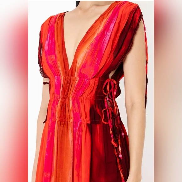 Zara Viscose Ombre Pleated V-neck Side/Shoulder ties Lined Maxi Dress Size XL - Picture 5 of 13